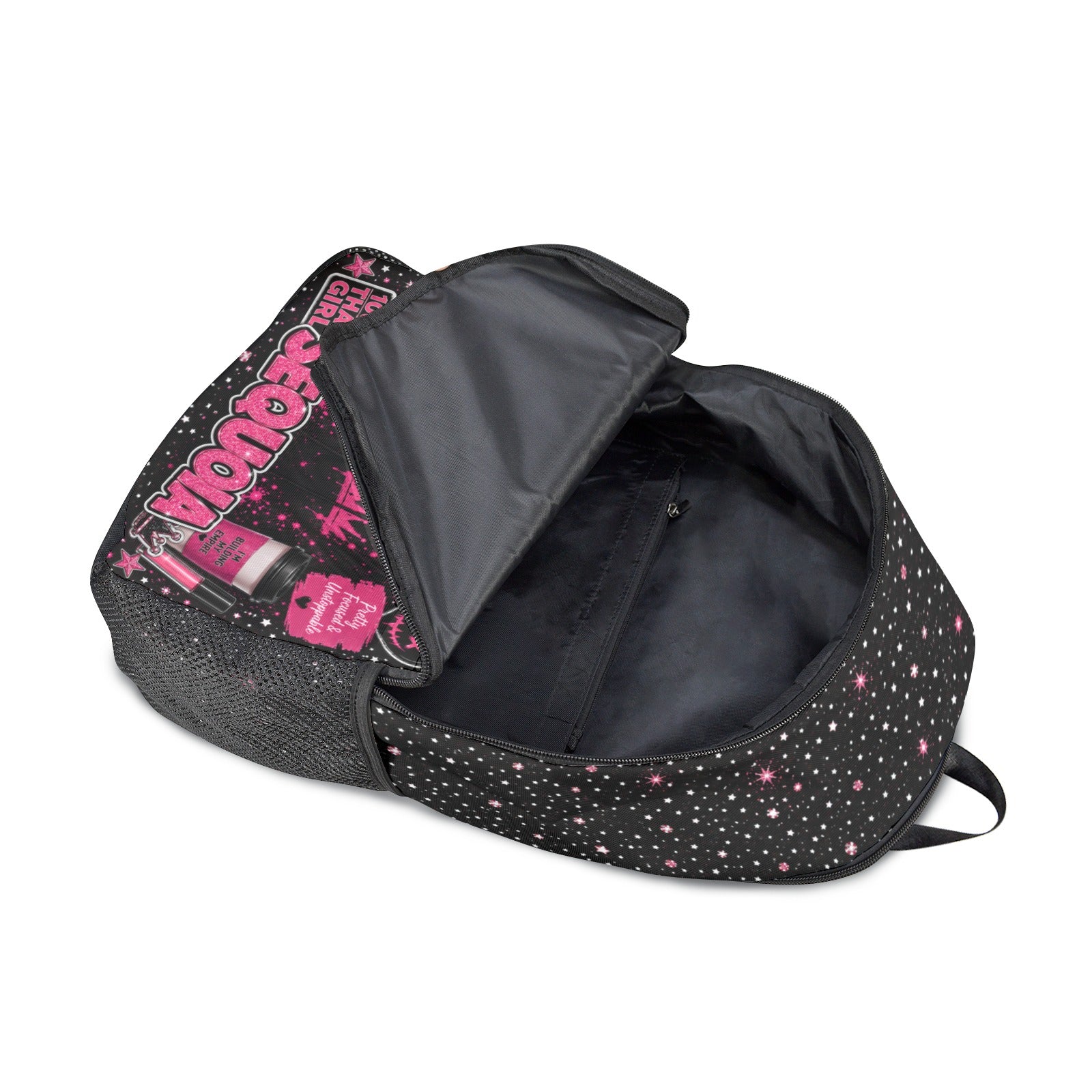 Custom kids backpack open interior view showing spacious main compartment