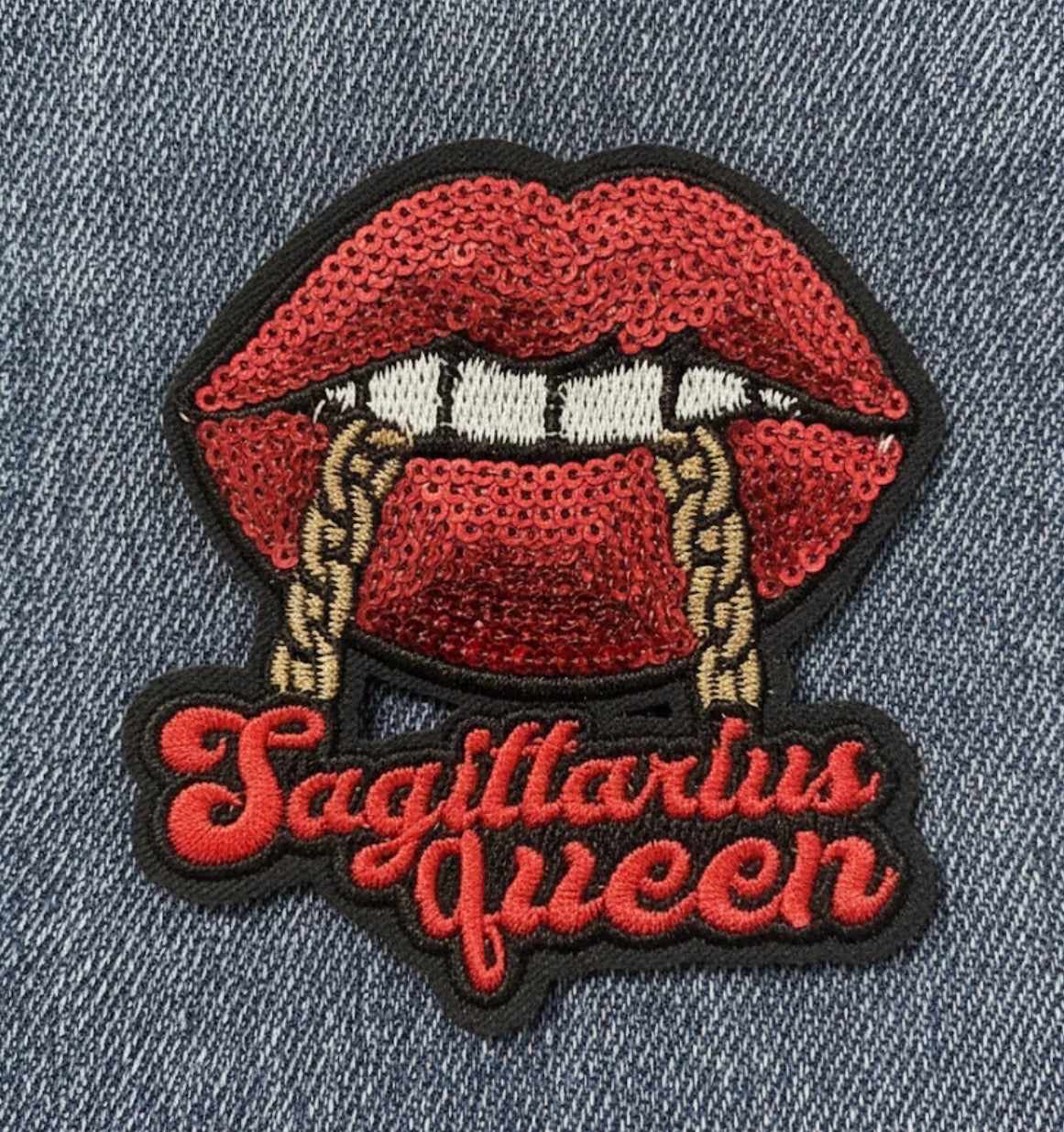 Red Sequin Lips & Gold Chain Zodiac Badge