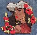 Sequined Hat Lady with Red Flowers Large Embroidered Patch