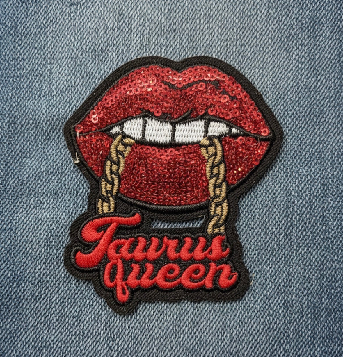 Red Sequin Lips & Gold Chain Zodiac Badge