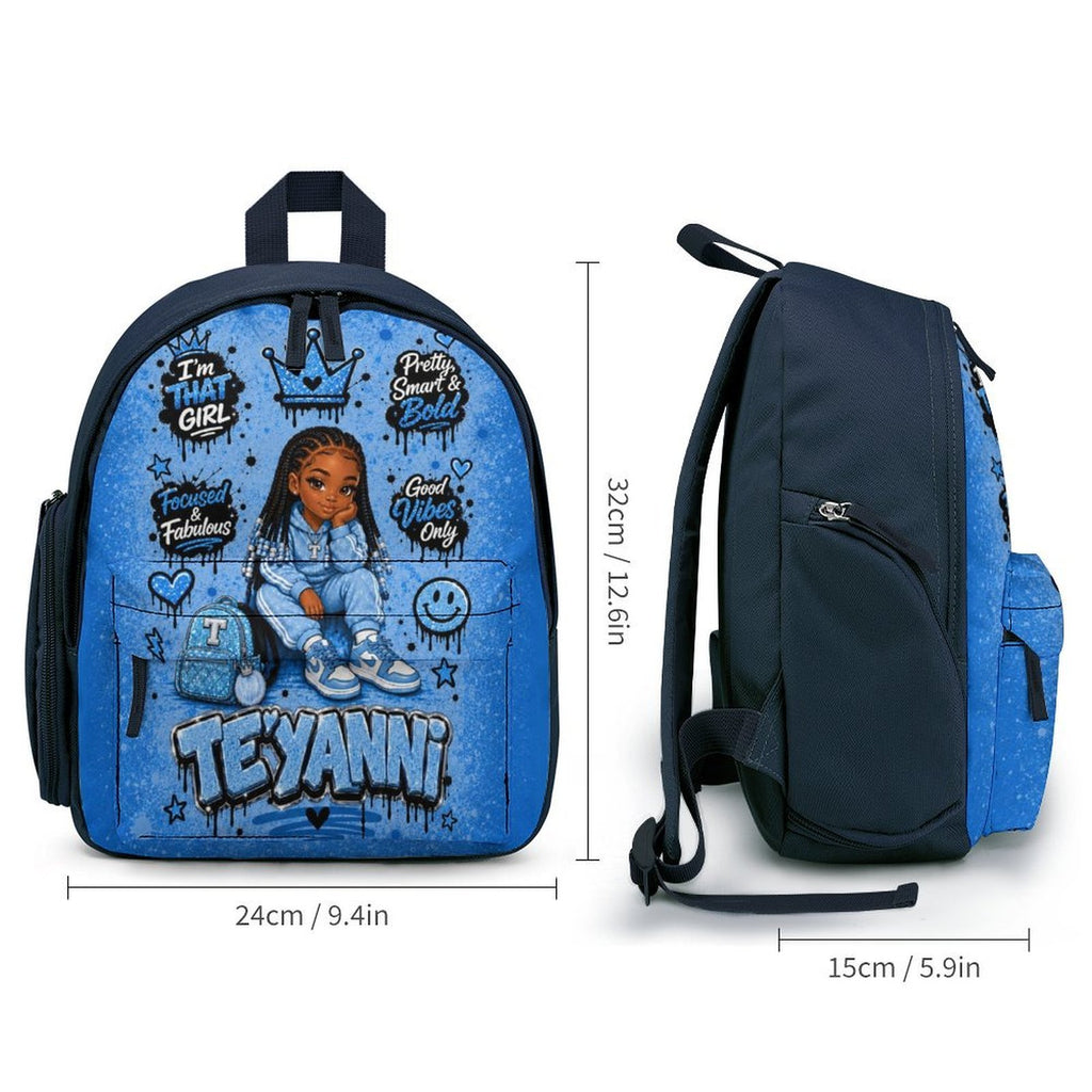Custom kids personalized backpack with name and design - front and side view with dimensions