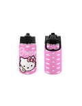 Personalized Hello Kitty Kids Water Bottle in pink with custom name and silicone grip sleeve