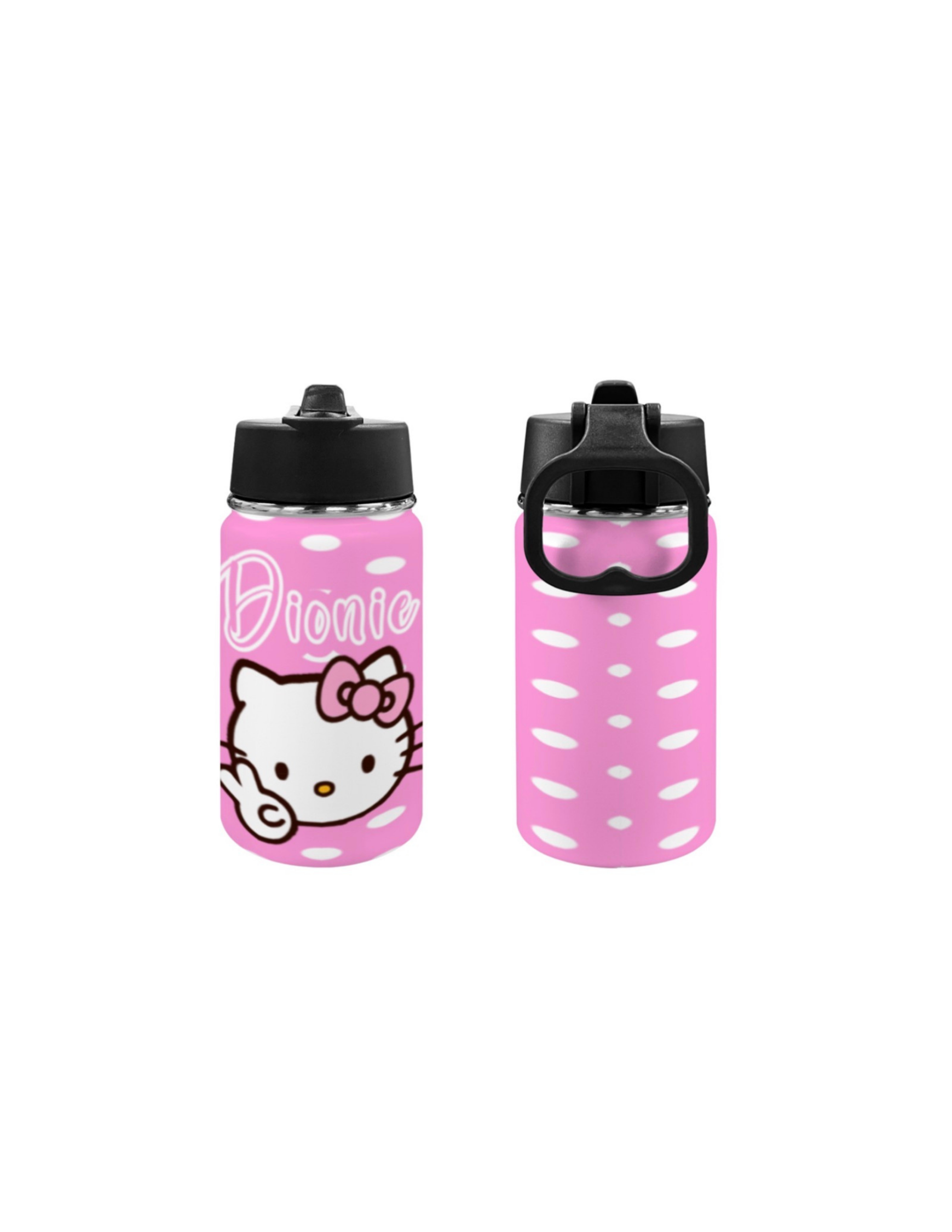 Personalized Hello Kitty Kids Water Bottle in pink with custom name and silicone grip sleeve