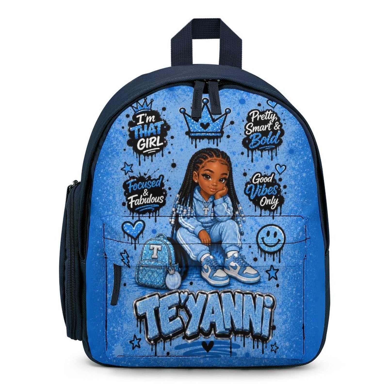 Example custom kids backpack with personalized name and blue girl theme