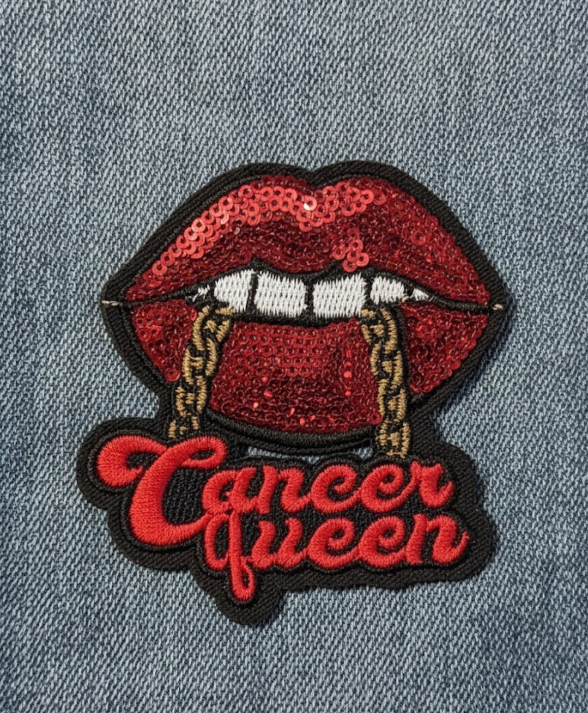 Red Sequin Lips & Gold Chain Zodiac Badge