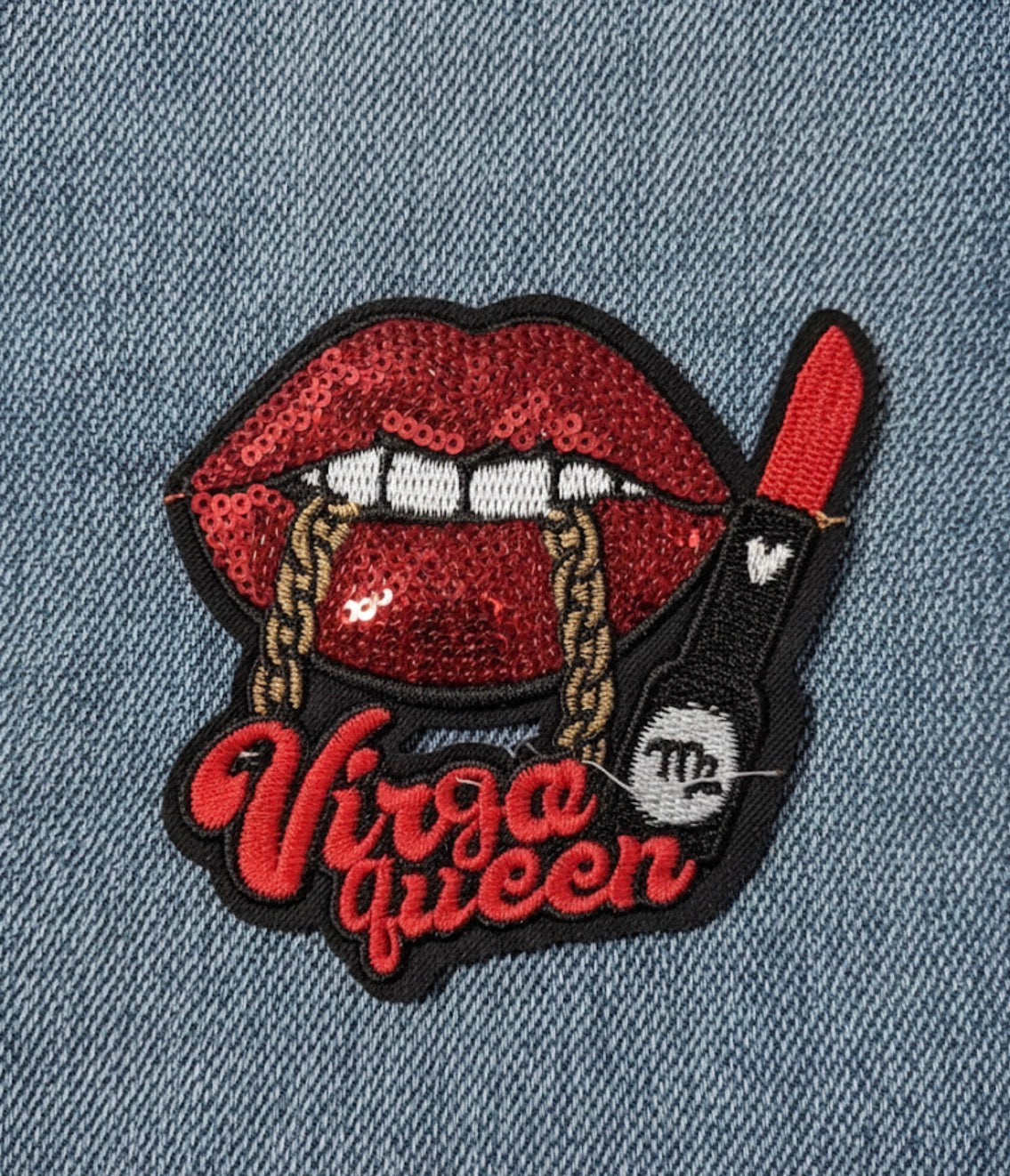 Red Sequin Lips & Gold Chain Zodiac Badge