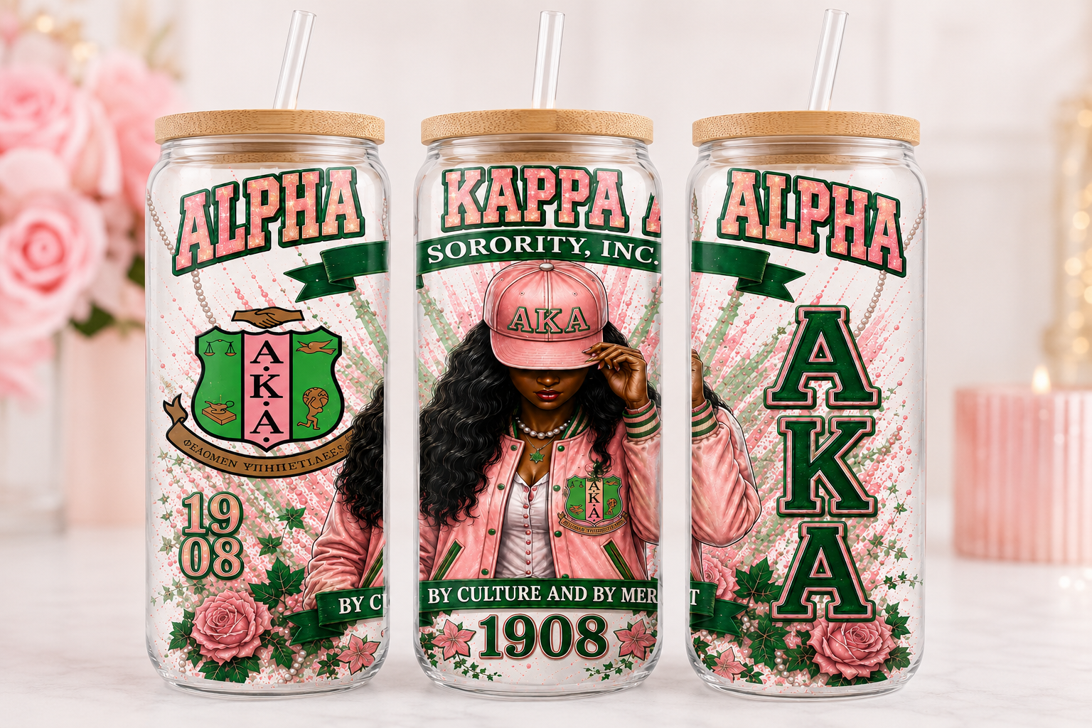 Alpha Kappa Alpha Inspired 16 oz Glass Cup with Bamboo Lid & Straw