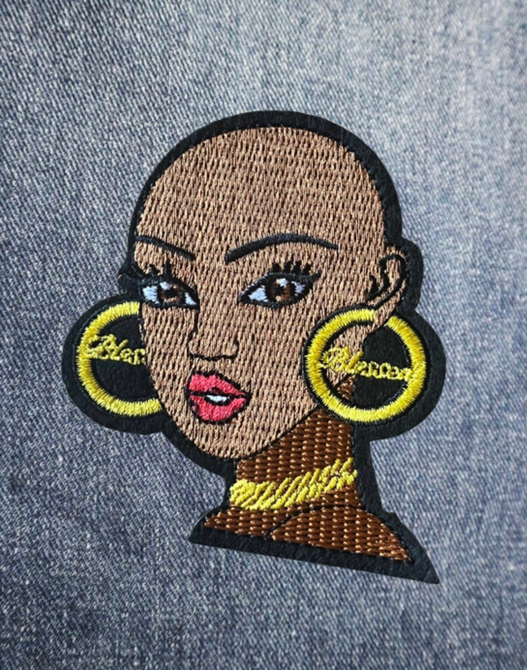 Melanin Queen Embroidered Iron-On Patches – Pink Hair & Bold Gold Hoop Statement Styles