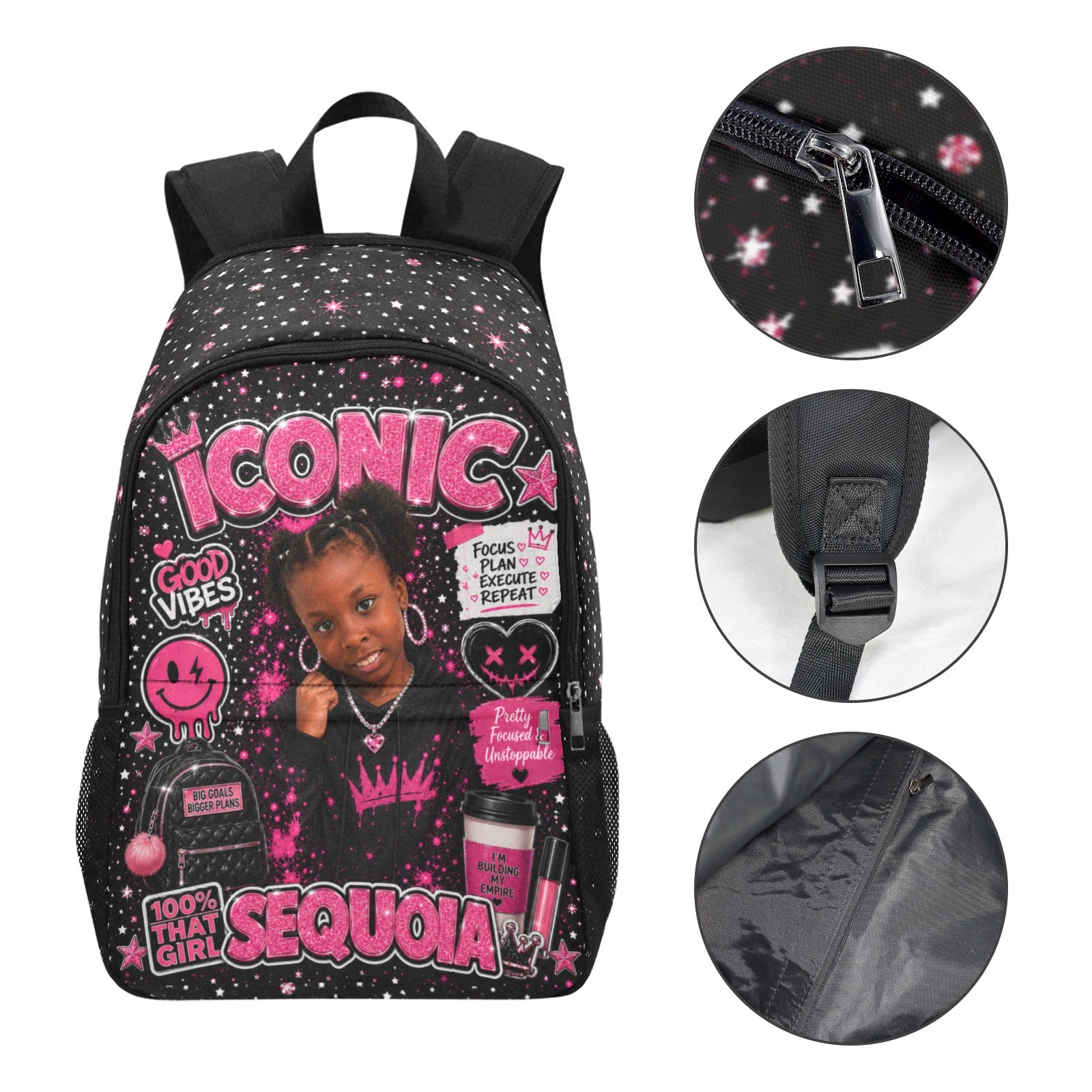 Custom Iconic glitter star backpack with personalized name Sequoia - front view with detail shots