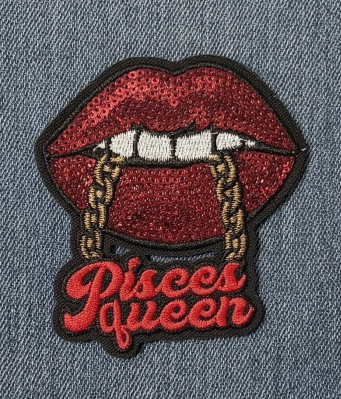 Red Sequin Lips & Gold Chain Zodiac Badge