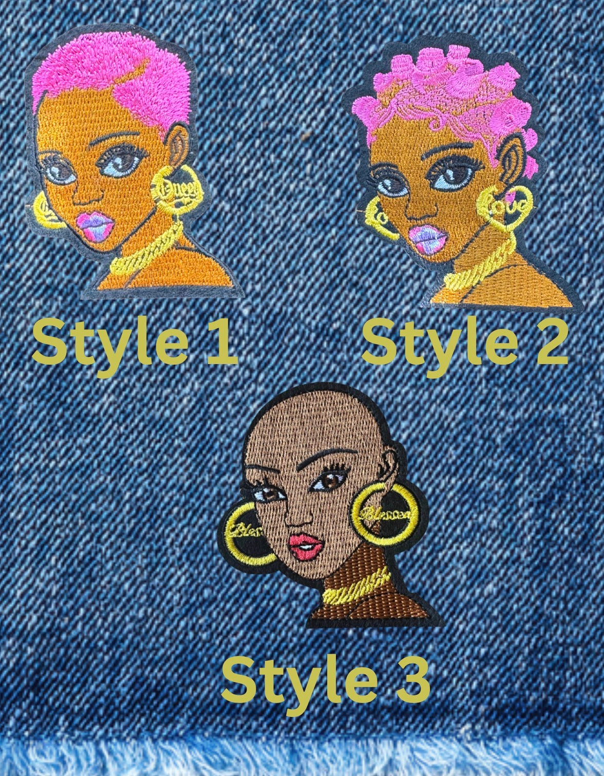 Melanin Queen Embroidered Iron-On Patches – Pink Hair & Bold Gold Hoop Statement Styles
