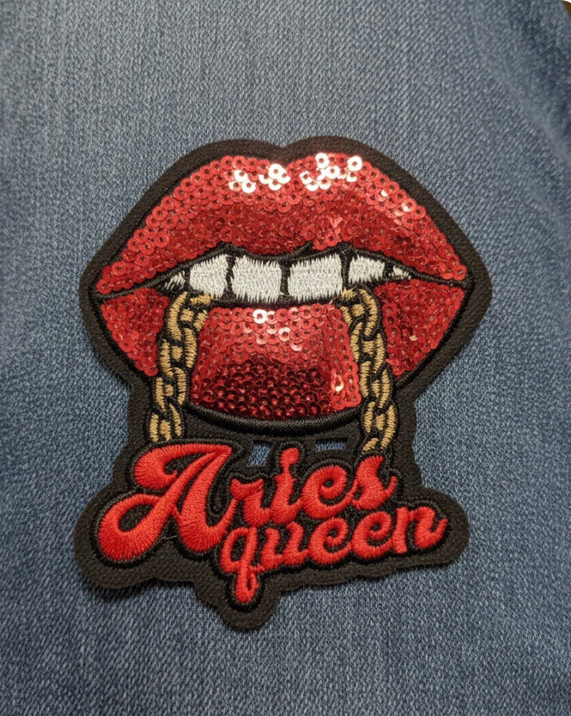 Red Sequin Lips & Gold Chain Zodiac Badge