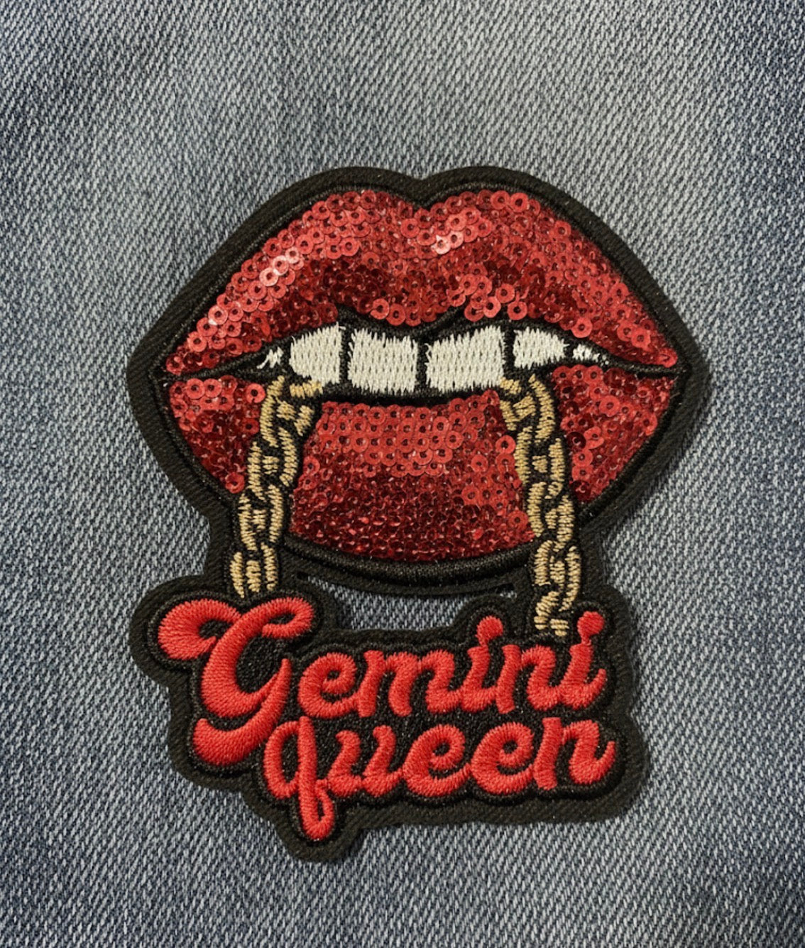 Red Sequin Lips & Gold Chain Zodiac Badge