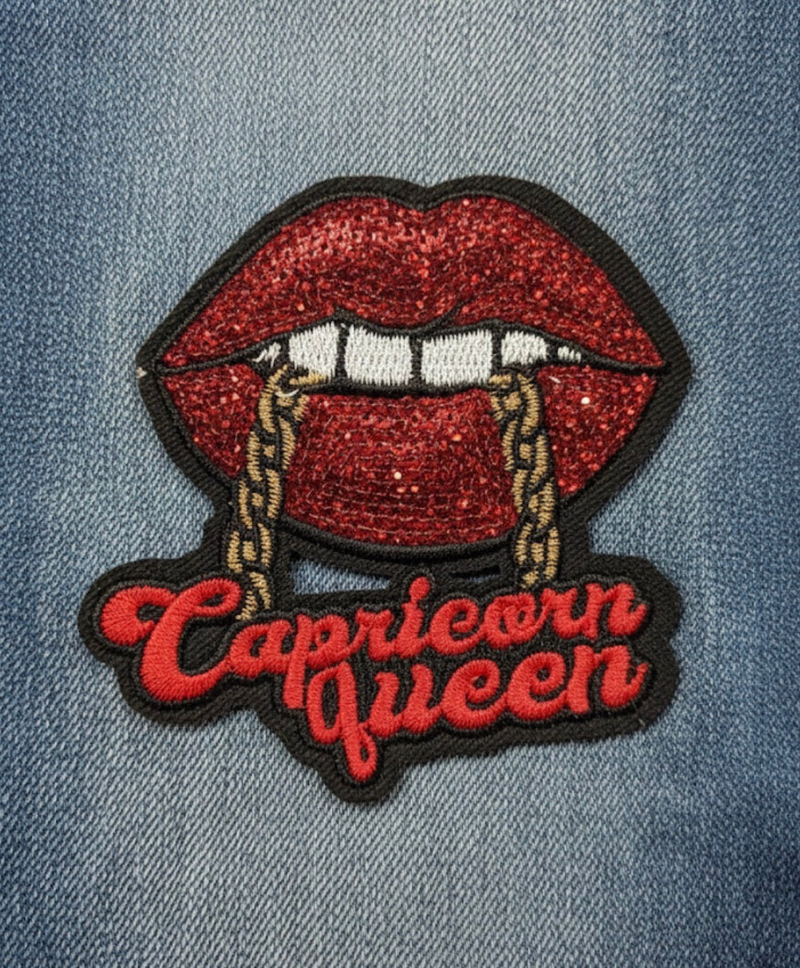 Red Sequin Lips & Gold Chain Zodiac Badge