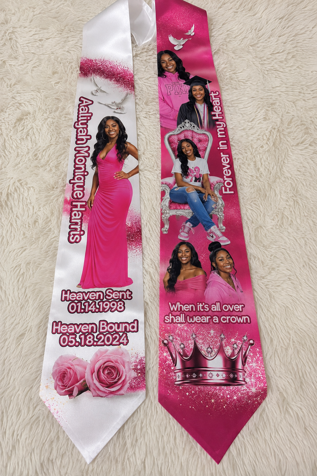 Custom memorial stole personalized with photos, name, dates and colors - In Loving Memory sash