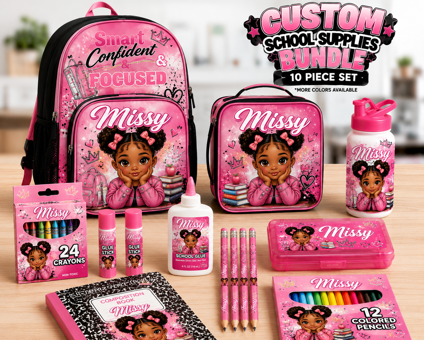 Custom Girls 10-Piece Pink Backpack and School Supply Bundle personalized with name