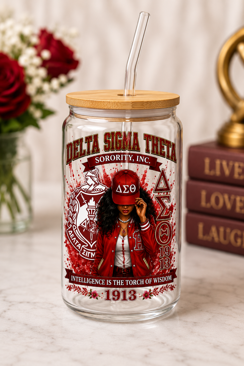 Delta Sigma Theta Inspired 16oz Glass Cup with Bamboo Lid & Straw | ΔΣΘ Est. 1913