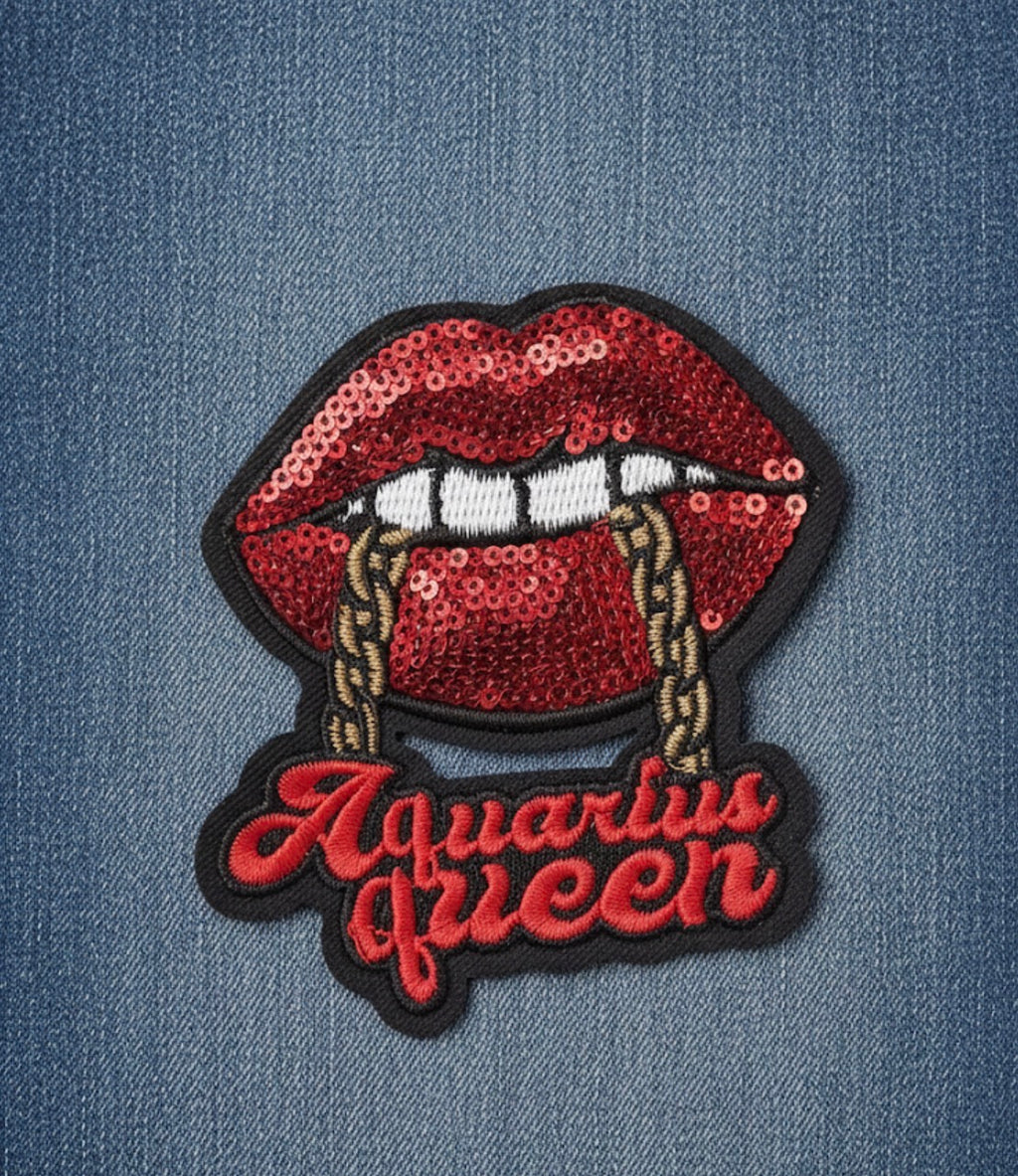 Red Sequin Lips & Gold Chain Zodiac Badge