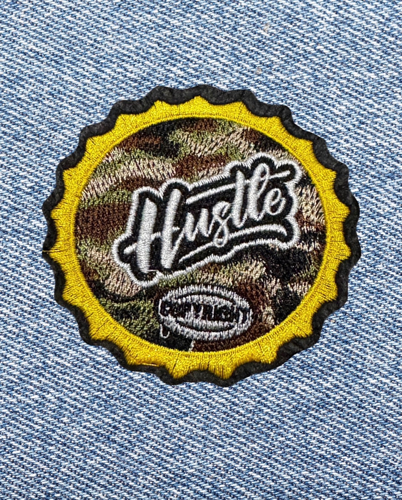 Hustle" Camouflage Bottle Cap Iron-On Patch