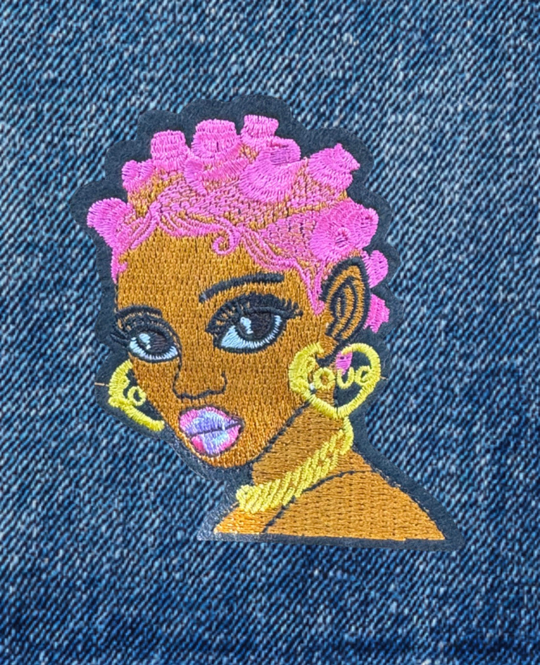 Melanin Queen Embroidered Iron-On Patches – Pink Hair & Bold Gold Hoop Statement Styles
