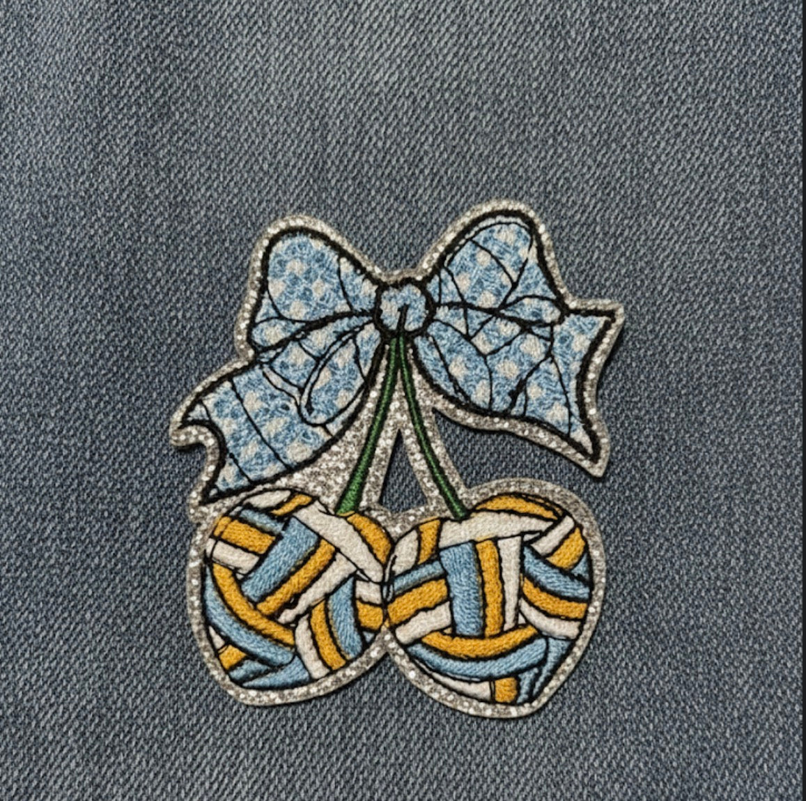 Sparkly Volleyball Cherry Patch - Blue & Yellow Sporty Coquette Aesthetic - Glitter Embroidered Applique