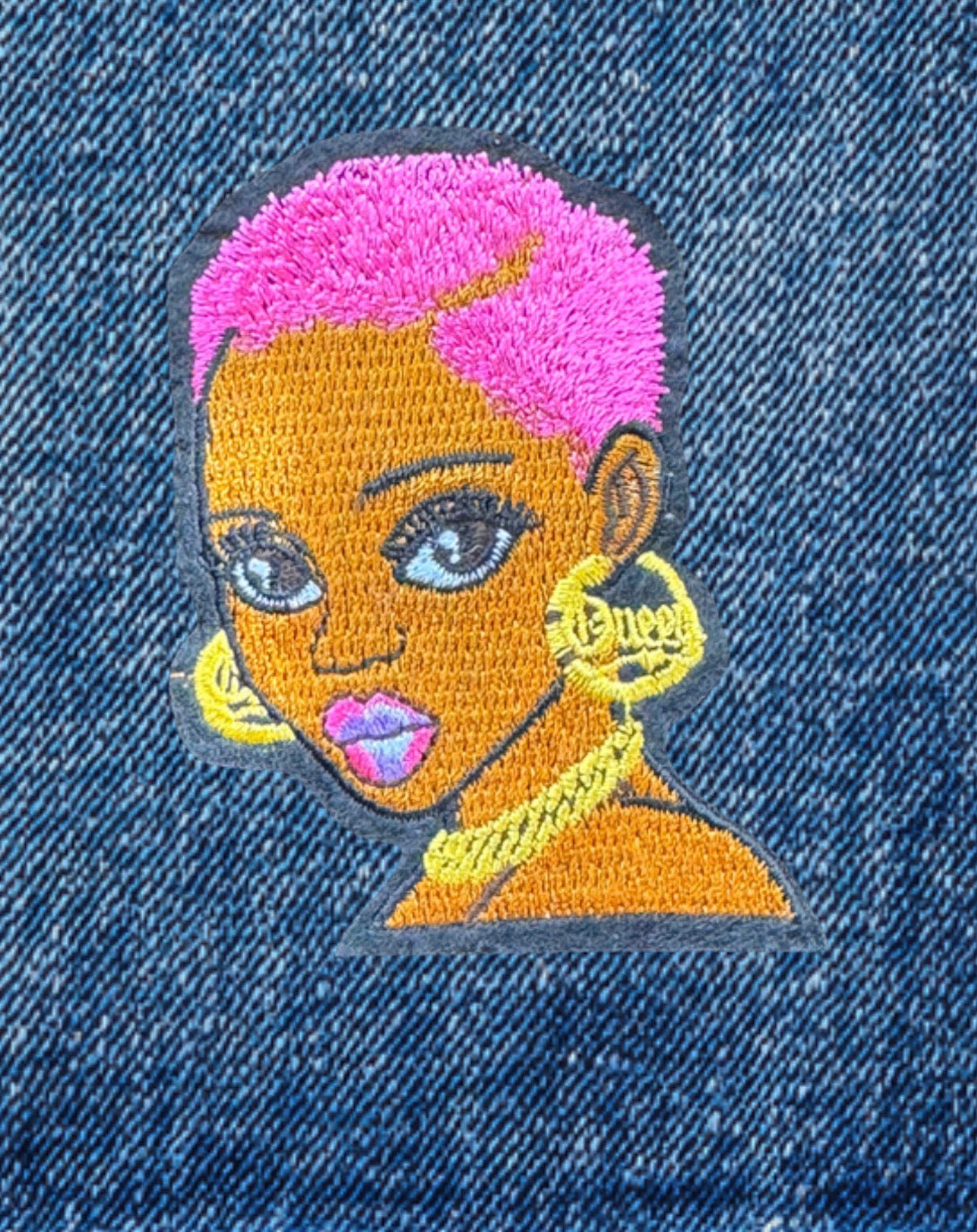 Melanin Queen Embroidered Iron-On Patches – Pink Hair & Bold Gold Hoop Statement Styles