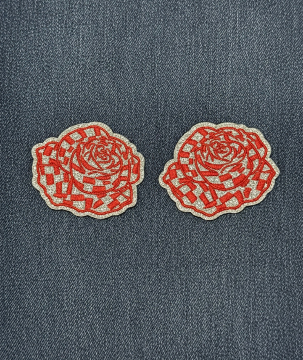 Two-Piece Glitter Rose Patch Set - Red & Gold Iron-On Embroidered Patches
