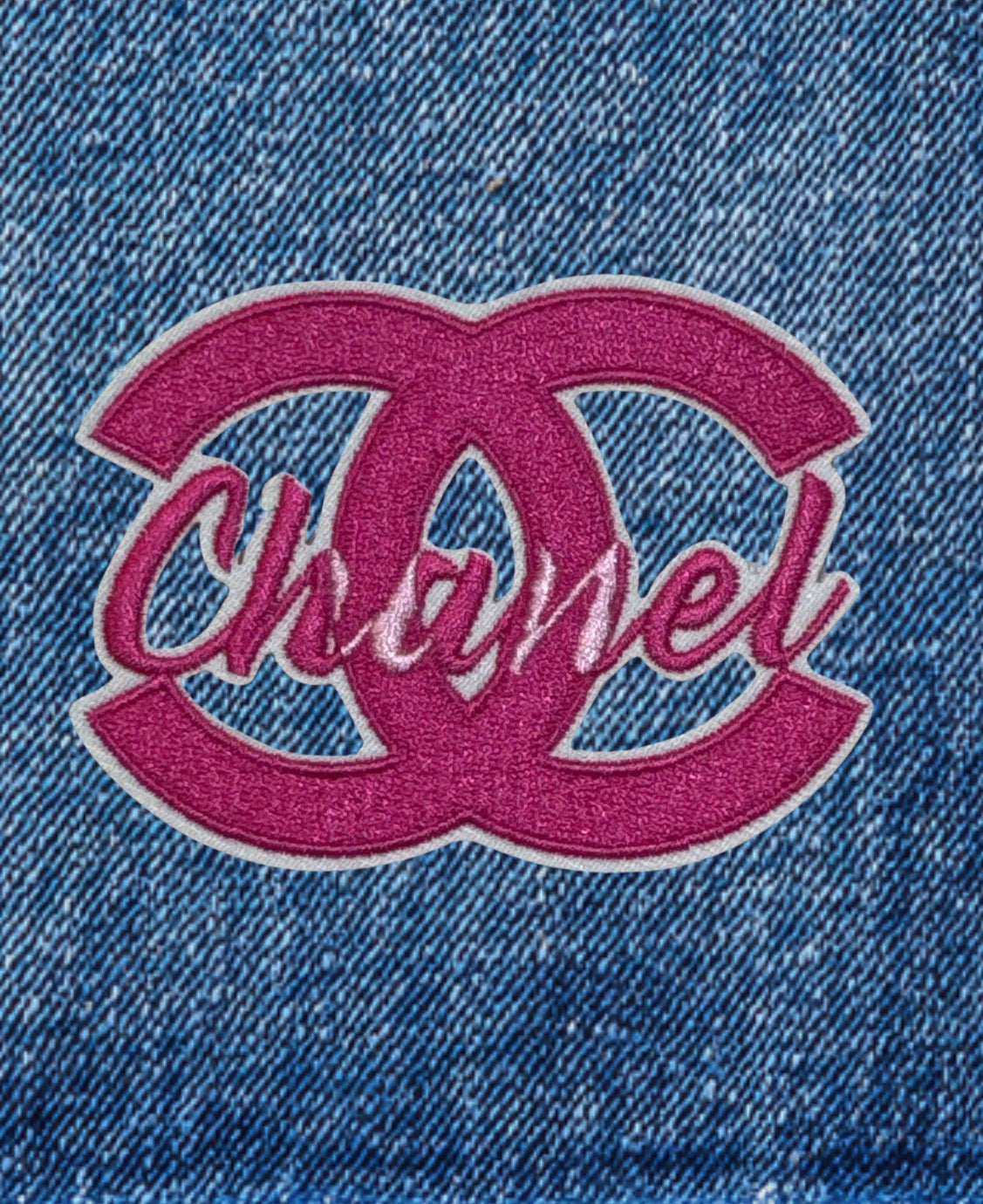 Luxury Designer Embroidered Patch - Pink on Denim