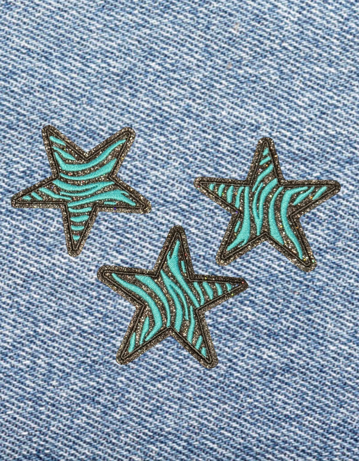Set of 3 Teal Zebra Print Glitter Star Patches