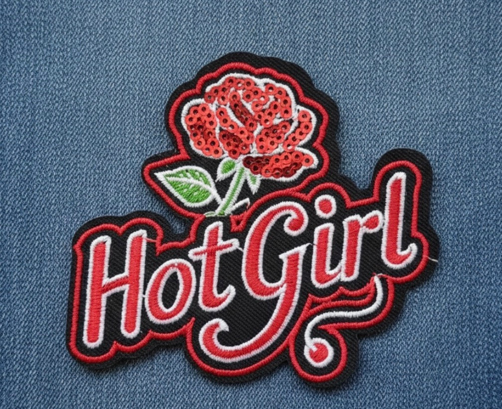Hot Girl" Red Rose Sequin Iron-On Patch