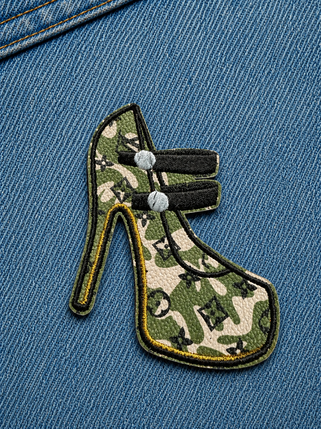 Camo Monogram High Heel Iron On Patch – Light Blue Denim