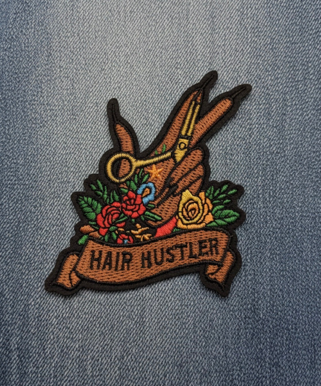 Hair Hustler Embroidered Patch | Tattoo Style Stylist Iron-On | Barber & Cosmetology Flair