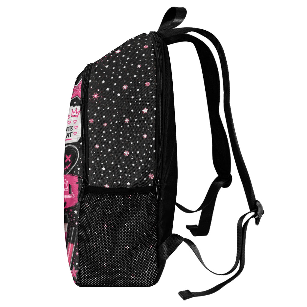 Custom kids backpack side view showing mesh pocket and padded straps