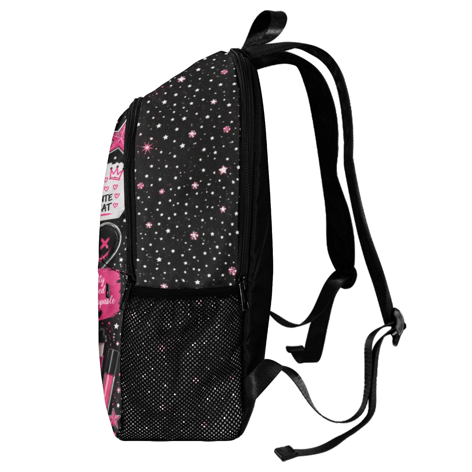 Custom kids backpack side view showing mesh pocket and padded straps